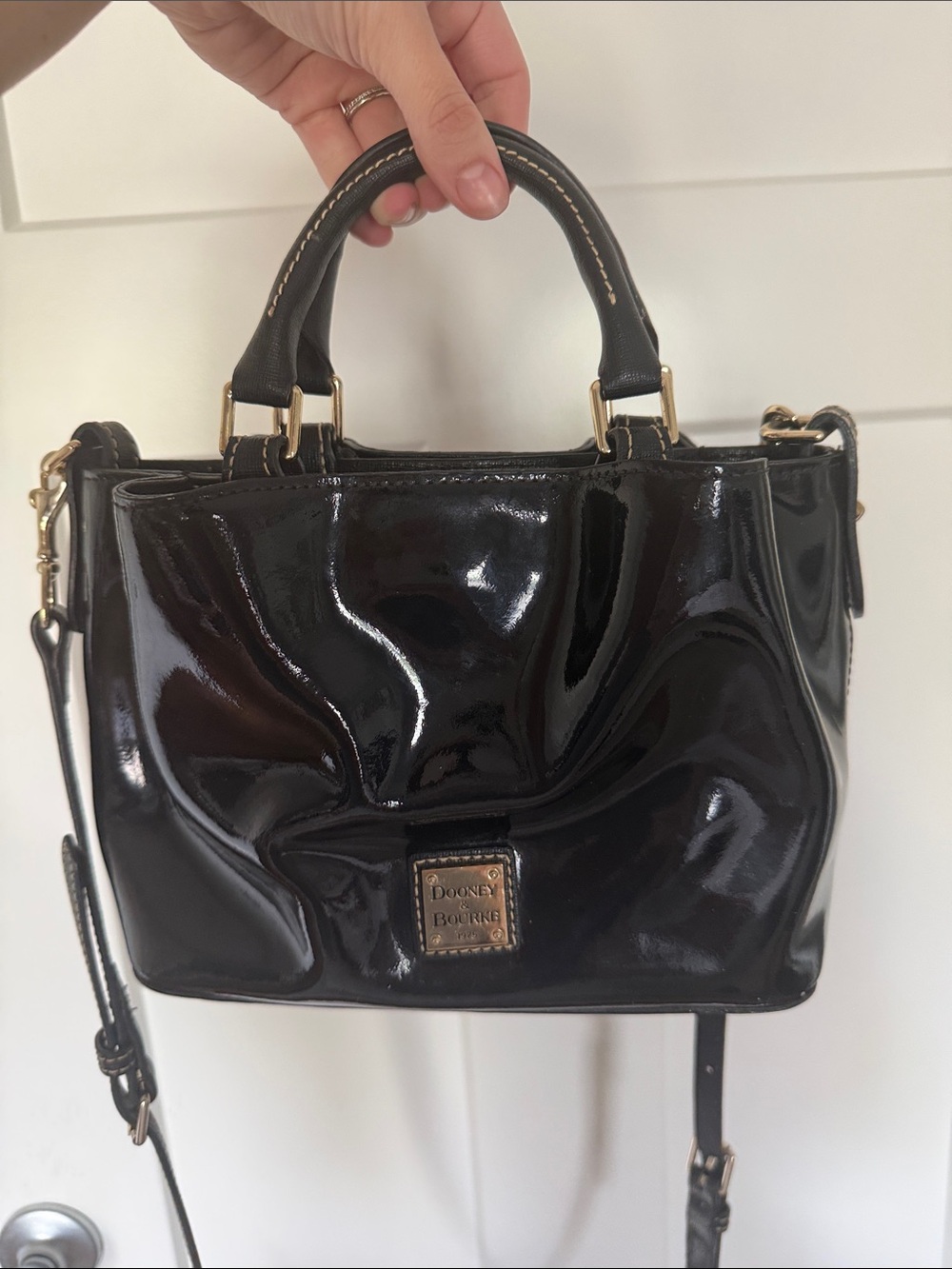 Dooney & Bourke Black Patent Leather Small Satchel with Gold Hardware